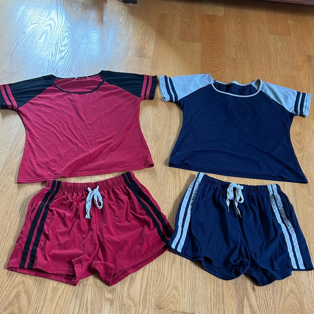 (2) Sets of women’s short young set. (1) Navy and grey (1) red and black